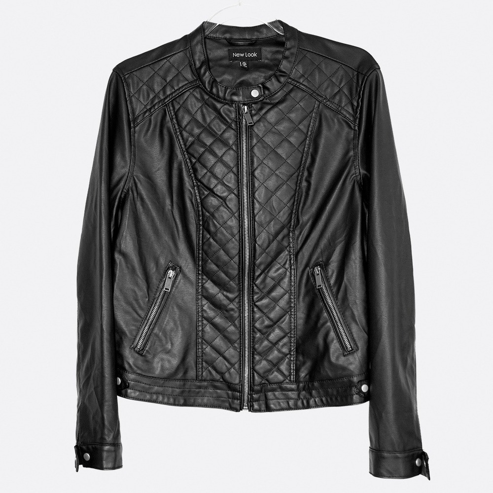 Quilted Onyx Black Faux Leather Moto Biker Jacket Sleek Collarless 0X Large - Picture 2 of 8